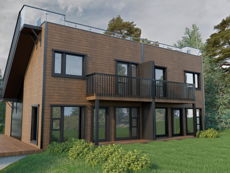Moderne tomannsbolig med mørk trekledning, store vinduer og takterrasse